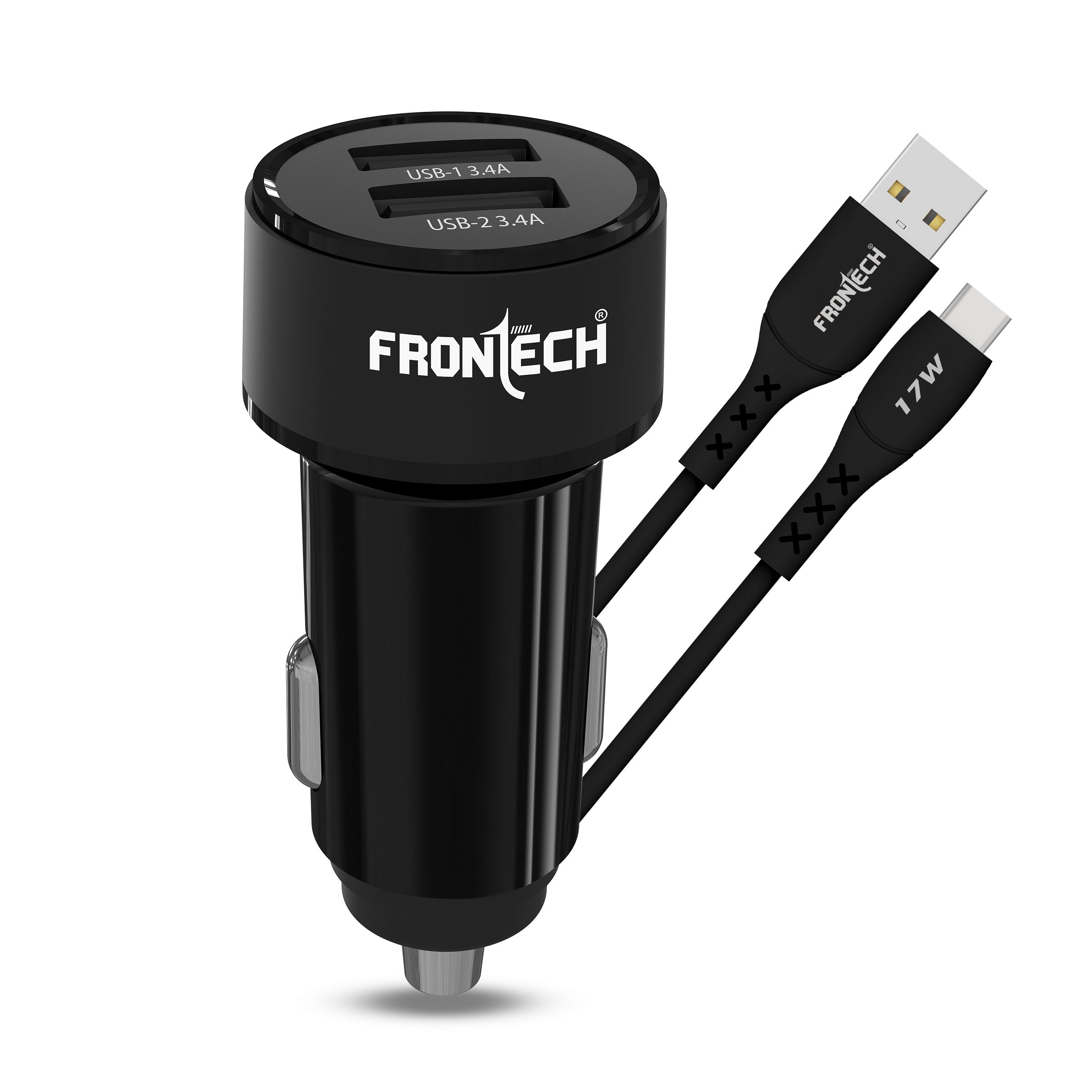 Frontech 17W Dual USB Car Charger with 1M Type-C Cable | Fast Charging (5V/3.4A) | Compact, Anti-Vibration Design | Charge 2 Devices Simultaneously (CCH-0008) Frontech 17W Dual USB Car Charger with 1M Type-C Cable | Fast Charging (5V/3.4A) | Compact, Anti-Vibration Design | Charge 2 Devices Simultaneously (CCH-0008)